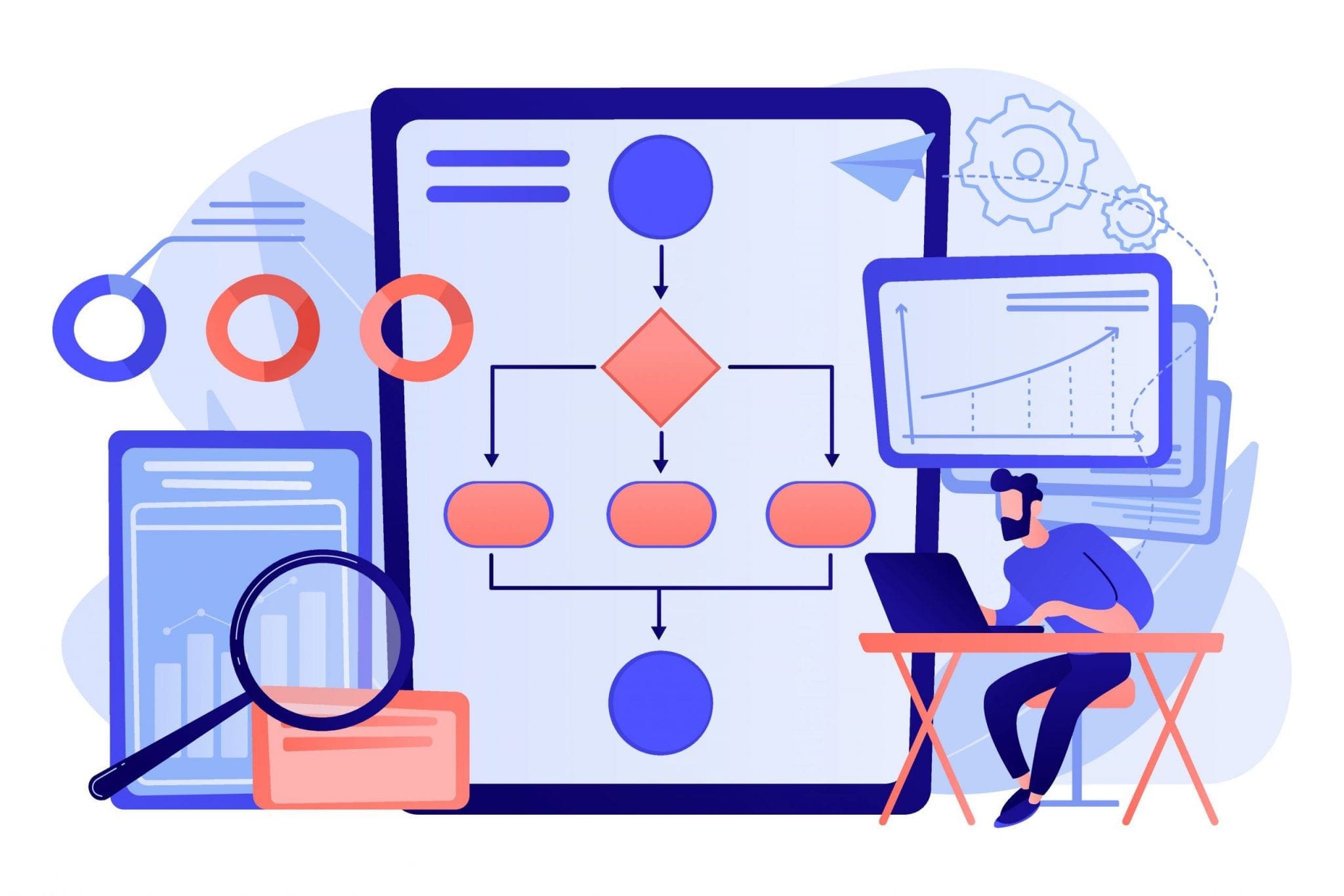 Analyst working at laptop with automation process. Business process automation, business process workflow, automated business system concept. Pink coral blue vector isolated illustration Cabem Technologies News